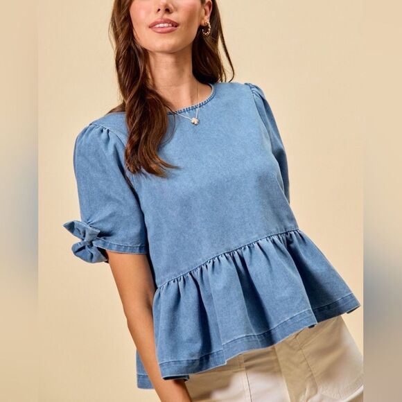 So Me Tops - SO ME Denim Bow Cuff Short Puff Sleeves Denim Peplum Top sz Small
